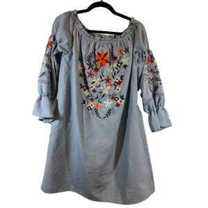 NWOT Listicle Womens Pocket Embroidered Shift Dress 3/4 Sleeve Festival L C3